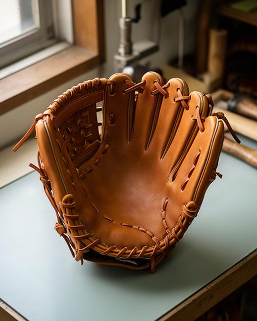 型付け前の硬い野球グラブを松戸市の作業台に置いた様子