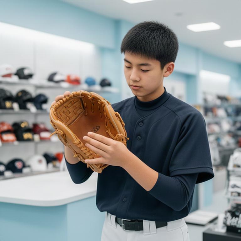 松戸市の野球用品店で中学生が硬式グラブを手にはめて確かめる様子