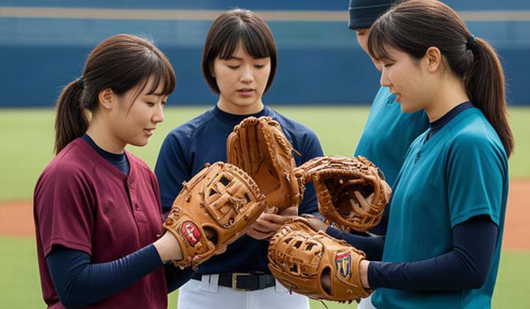女子野球チームの選手が屋外グラウンドで新しいグラブを確認する様子